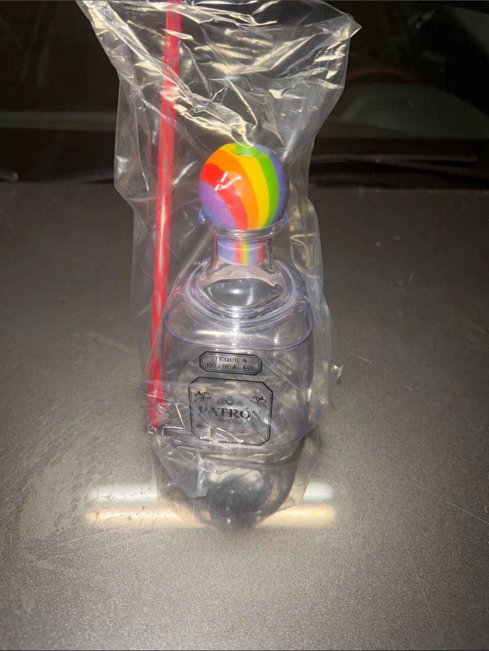 Plastic Patron Inspired Cup wiRainbow Bottle Straw Topper with Red Striped Straw
